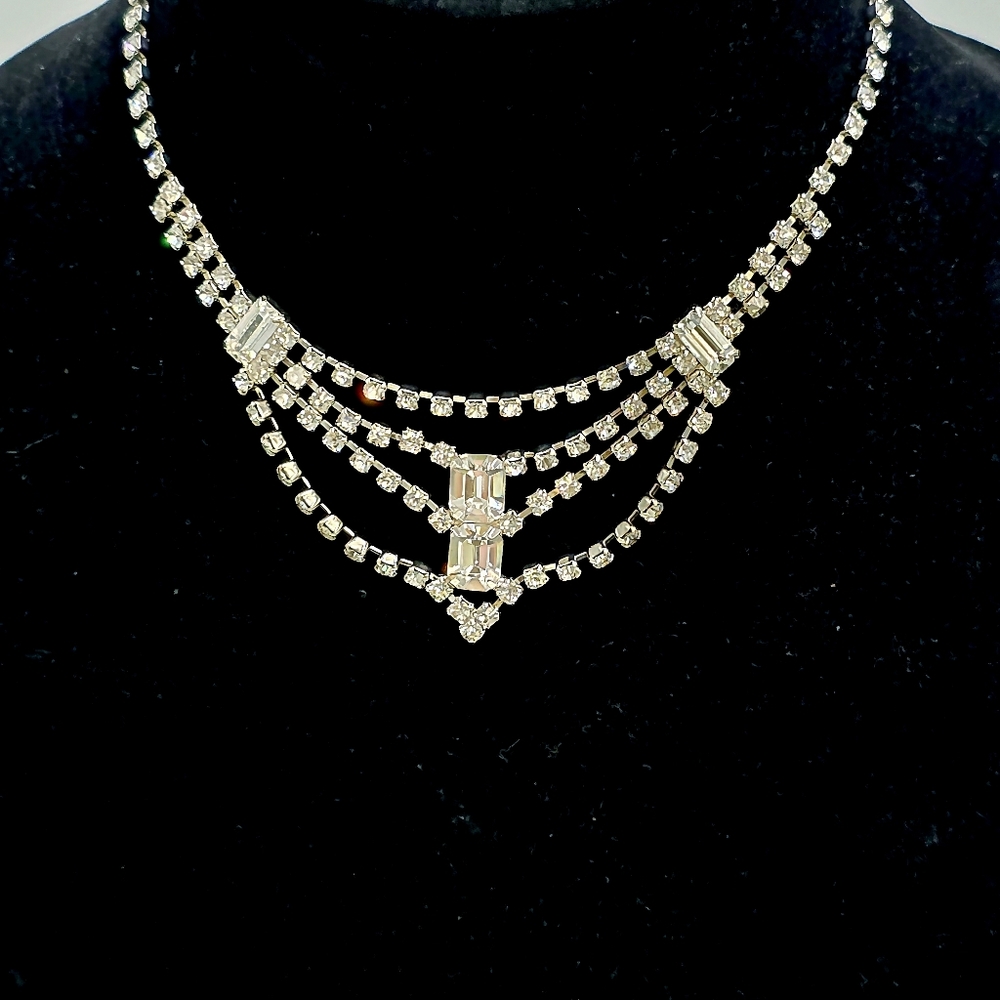 Vintage Art Deco Rhinestone Multi Strand Bib Necklace Silver